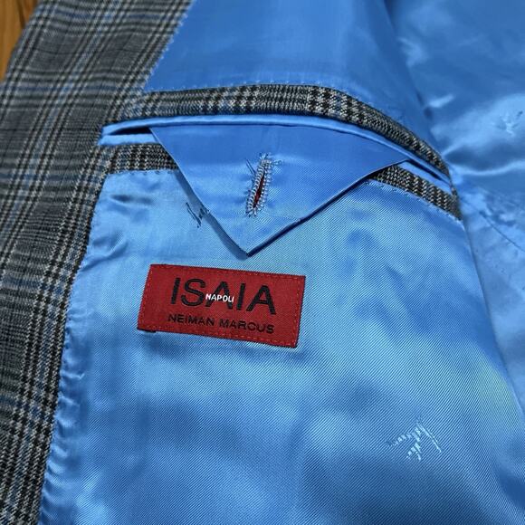 ISAIA Napoli 140s Wool Grey Glen Plaid Sport Coat 48R Blue Lining Italy 3-Button - Picture 3 of 11